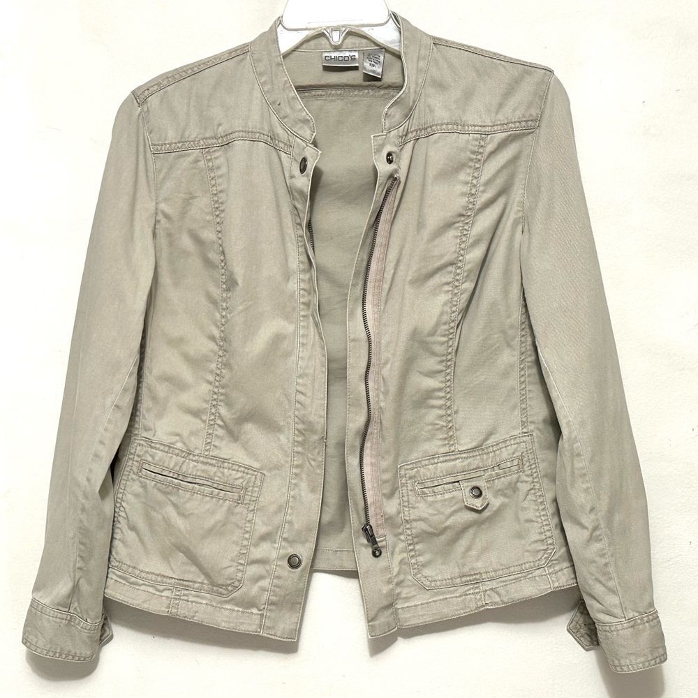 Chico’s Cream Tan Kaki Jean Denim Zip Jacket  Size 1
